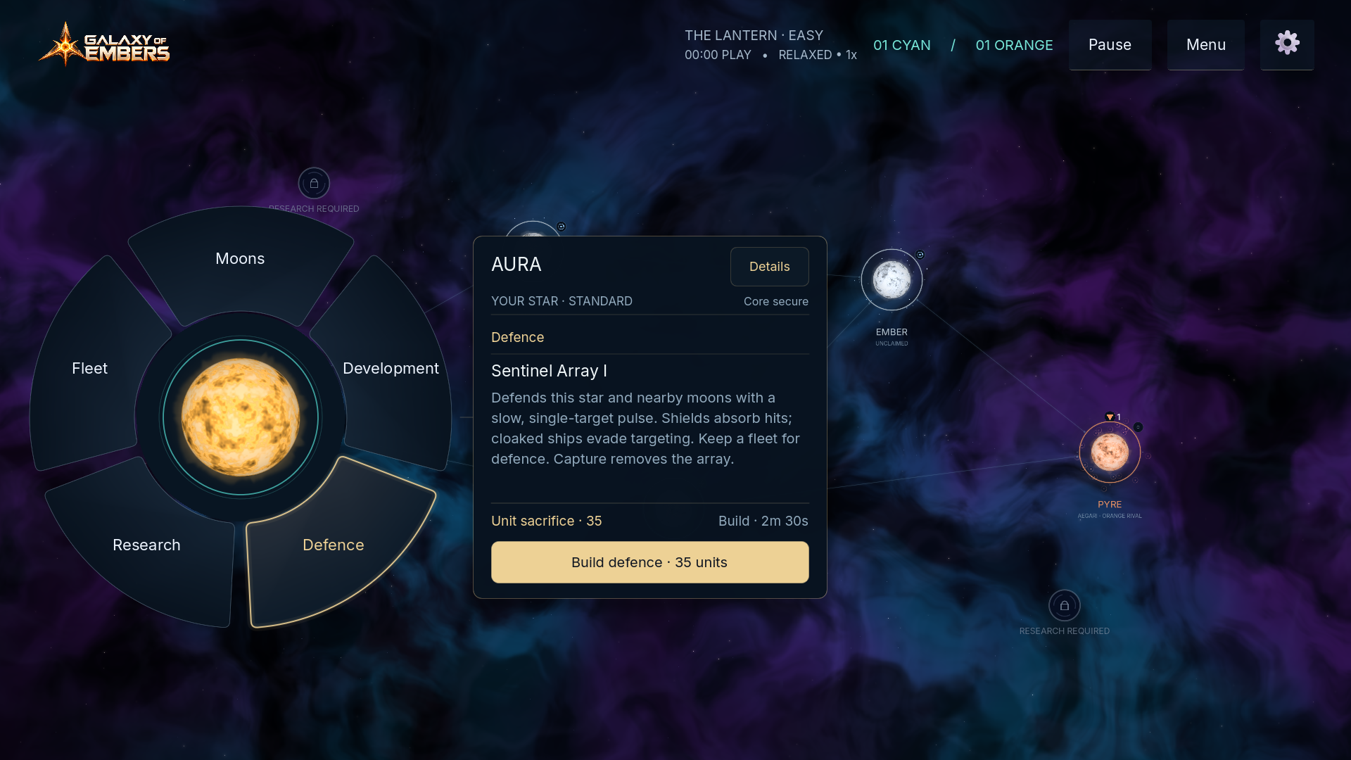The refined Orbit upgrade wheel surrounding Aura, with gold defence selection and an integrated star details panel