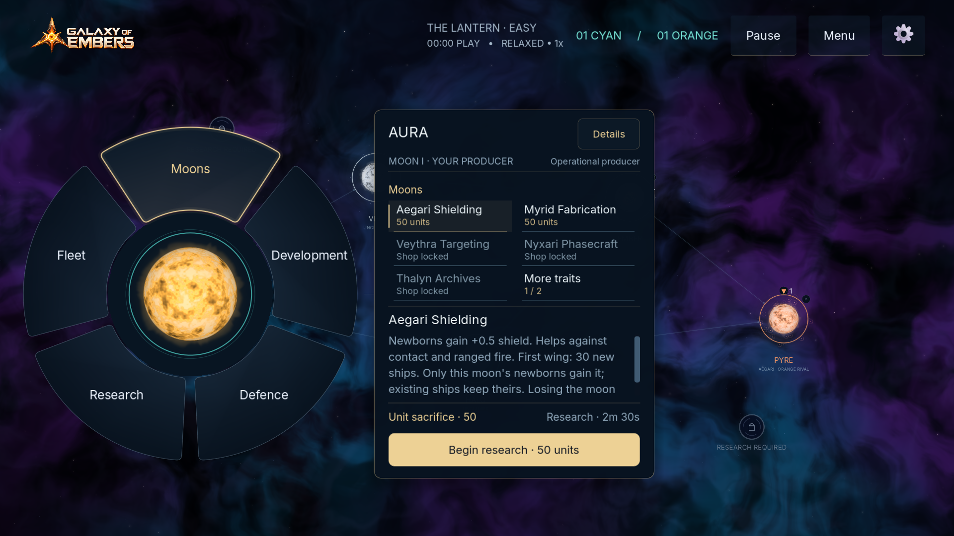 The Orbit moon research wheel showing faction traits and Aegari Shielding research