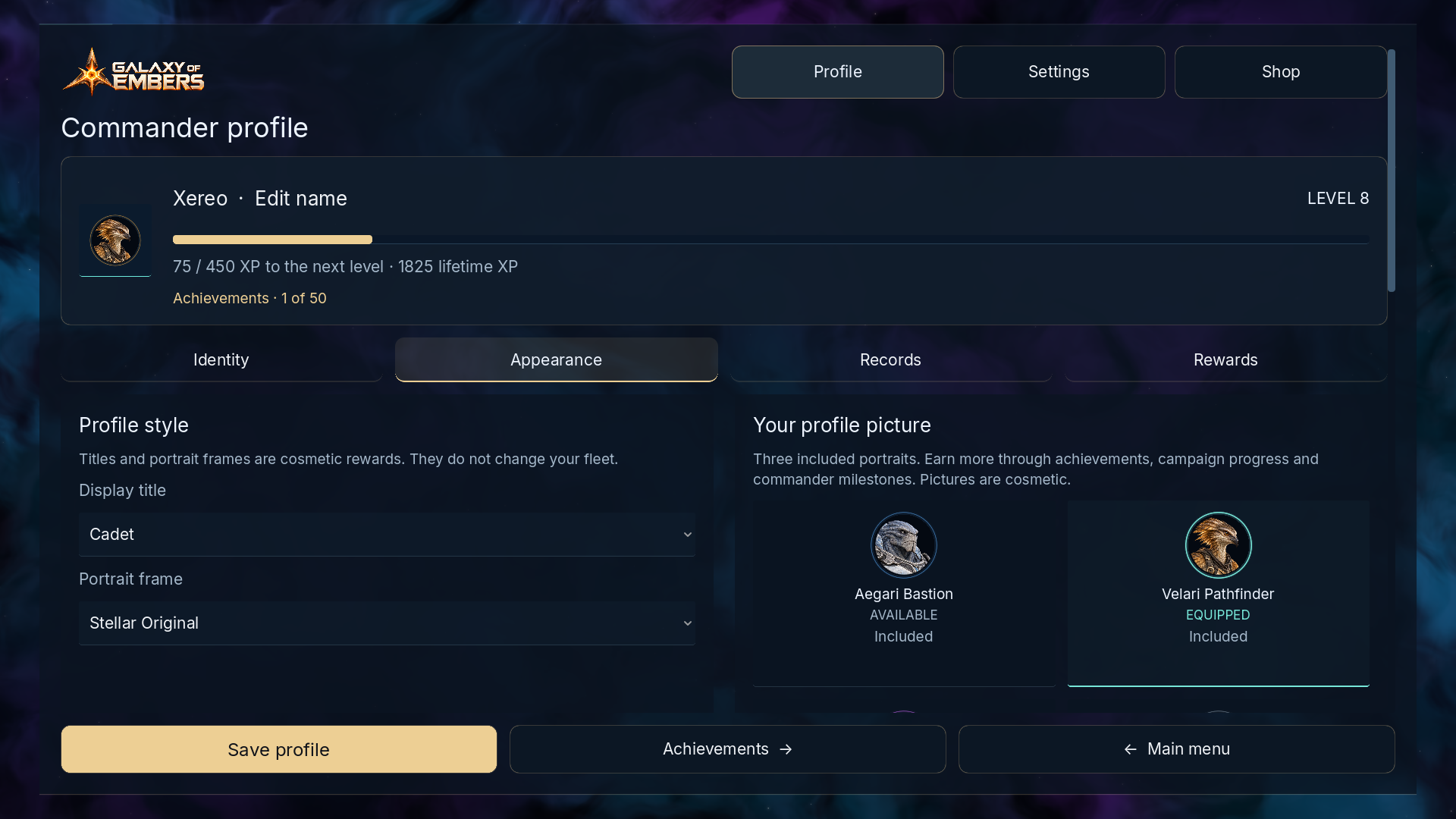 Starlight commander profile with gold styling, faction portraits, and appearance choices