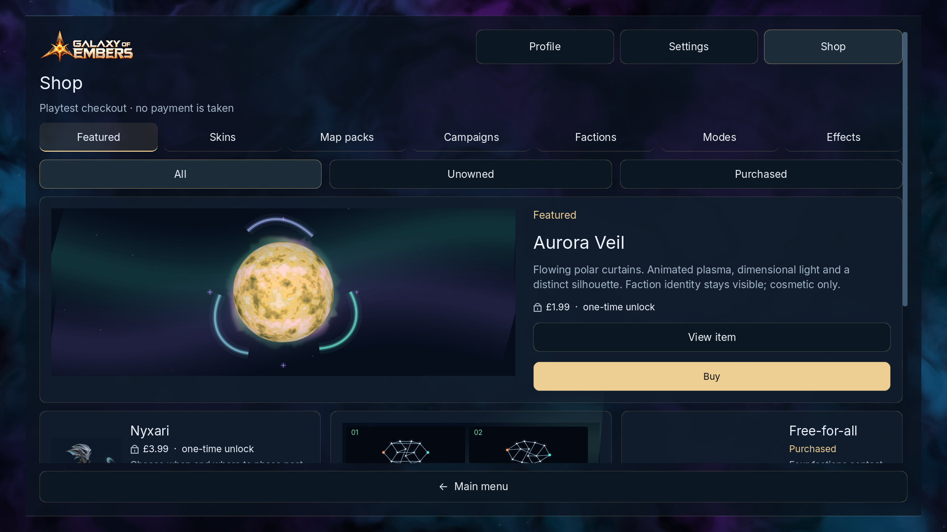 The Starlight shop showing the Aurora Veil star cosmetic in the current playtest interface